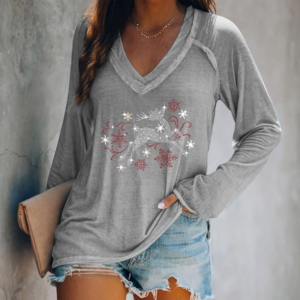 Puntoco moda mujer casual con cuello en V blusa de perforación caliente camiseta de manga larga tops de otoño Puntoco Puntoco-6656