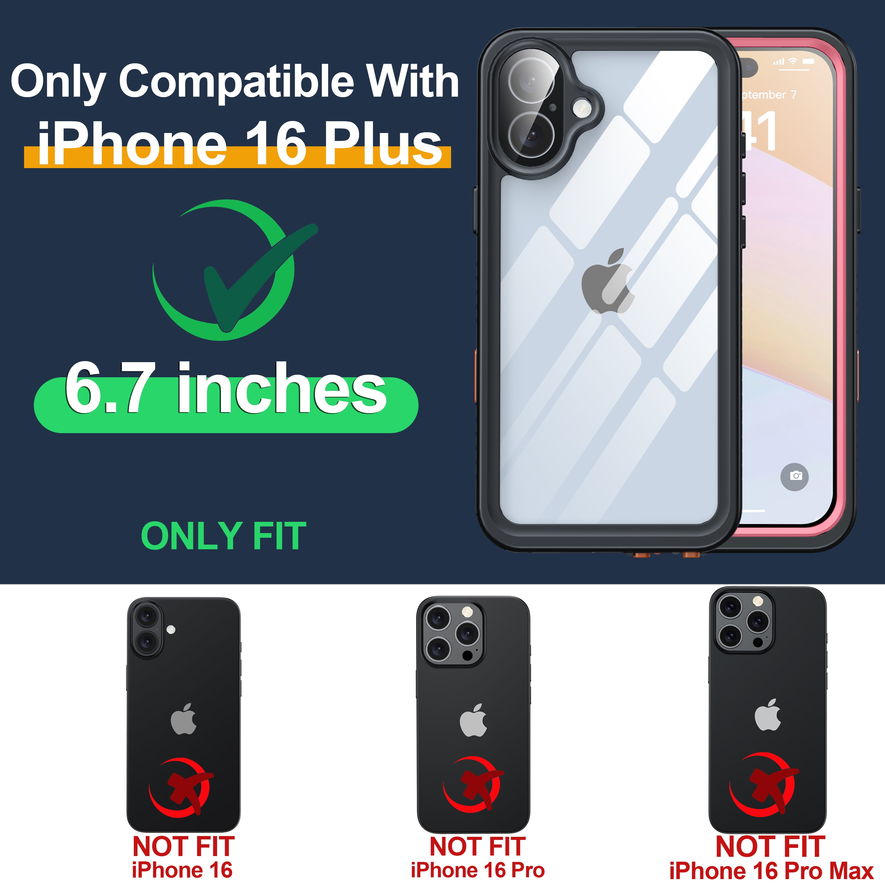 ANTSHARE For iPhone 16 Plus Case, Waterproof Built-in Screen Protector, [12 FT Military Drop Proof] [Full Body Shockproof] [Dustproof] [IP68 Underwater] Phone Case For iPhone 16 Plus 6.7''- Pink