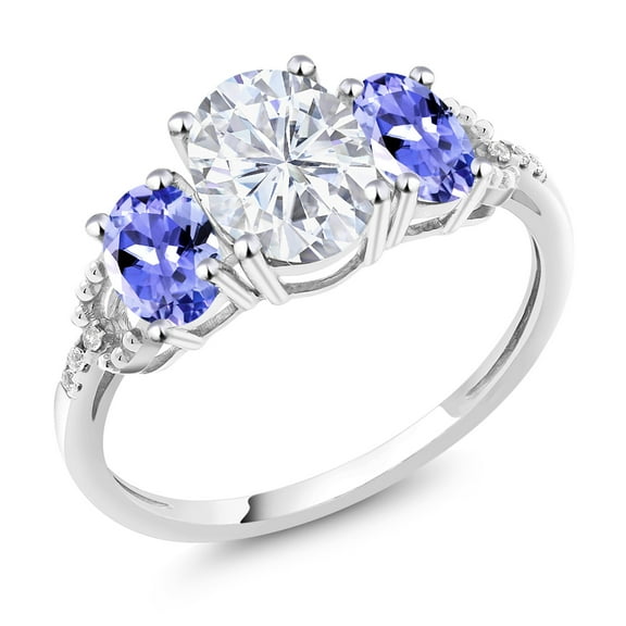 Gem Stone King 2.44 Cttw 10K White Gold Oval Moissanite Tanzanite and diamond Accent 3-Stone Engagement Ring | Three Stone Wedding Anniversary Promise Gold Ring for Women (Size 9.5)