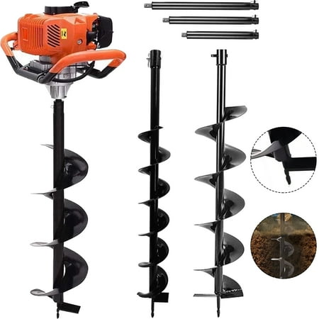 JSTUOKE 72cc 3000W Post Hole Digger 2 Stroke Petrol Gas Powered Earth Digger with 3 Auger Drill Bits (4" 6" & 8") + 3 Extension Rods for Farm Garden Plant