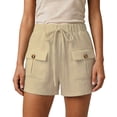 thumbnail image 3 of Rggeeun Women'S Shorts Solid Color Elastic High Waist Cargo Soft Mid-Rise Loose Fit Straight Leg With Side Plus Pockets & Adjustable Tie For Summer Beach Surf Delicate Hot Pants,Light Yellow,L, 3 of 6