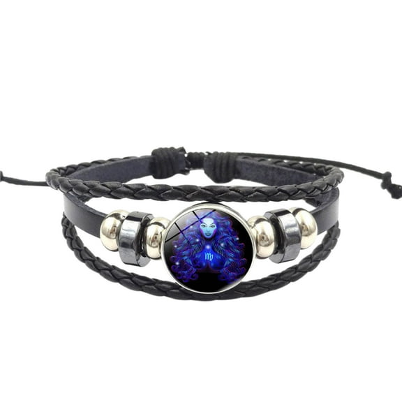 12 Zodiac Constellation Bracelets Leather Multilayer Braided Rope Crystal Glass Hand Woven Cuff for Women Men Punk Rock Jewelry, Couple Bracelet Artificial Leather Wristband Bracelet