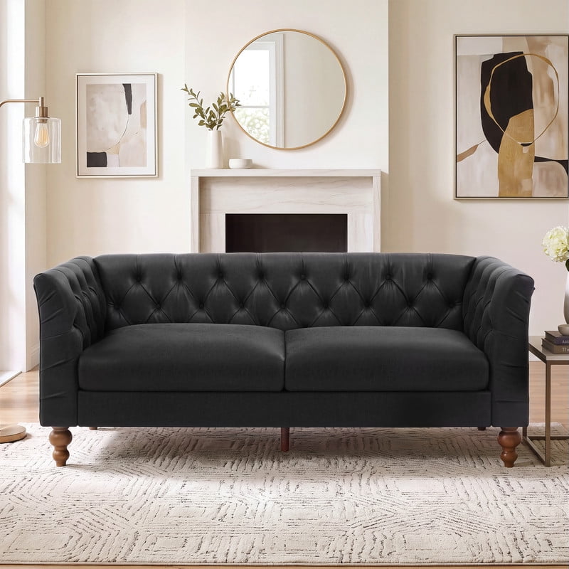 Chesterfield PU Leather 3-Seater Sofa, Upholstered Couch with Flared Arms, Tufted Back & Solid Rubber Wood Legs