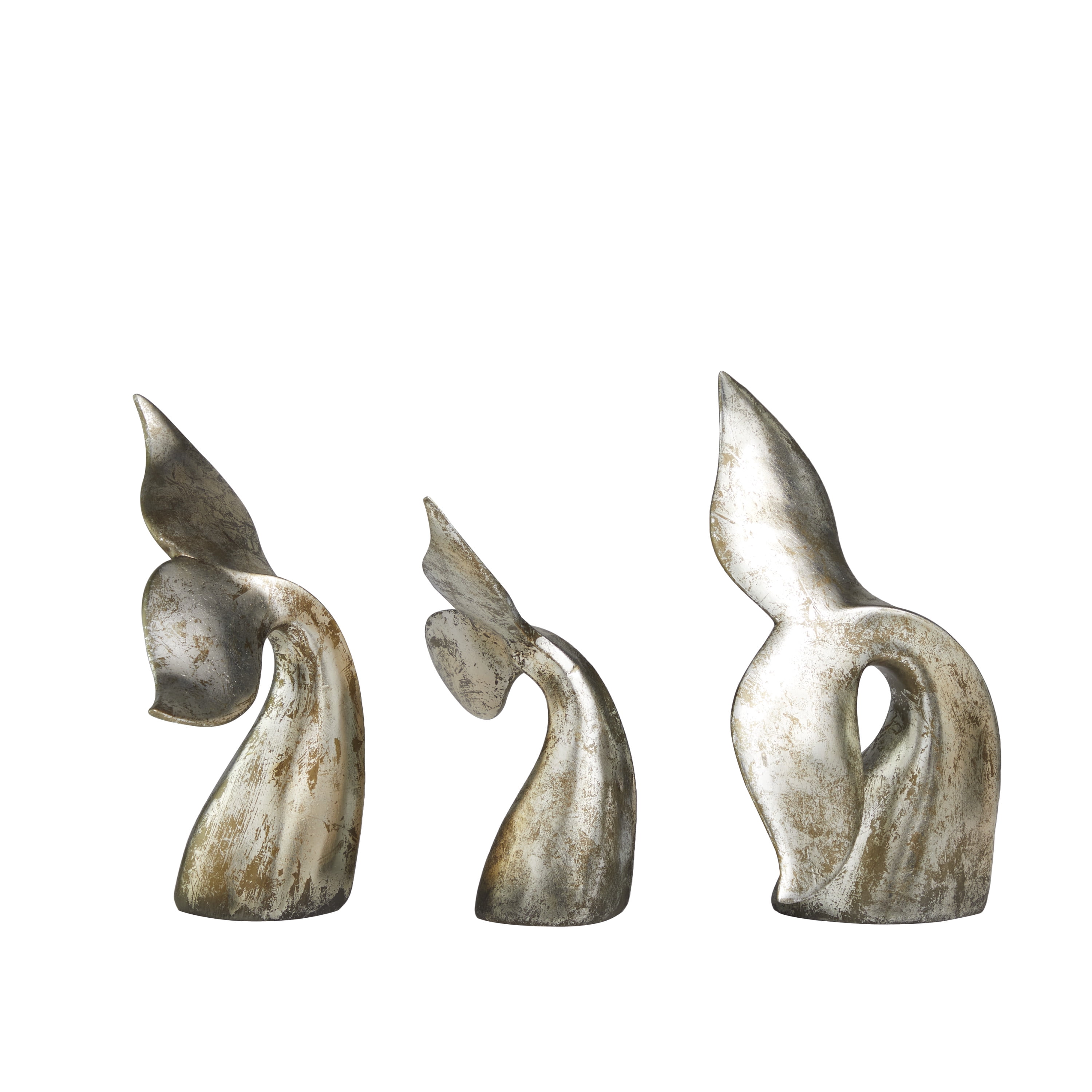 12, 9, 11"H Silver Polystone Whale Sculpture with Various Sized Tails and Copper Distressing, by DecMode (3 Count)