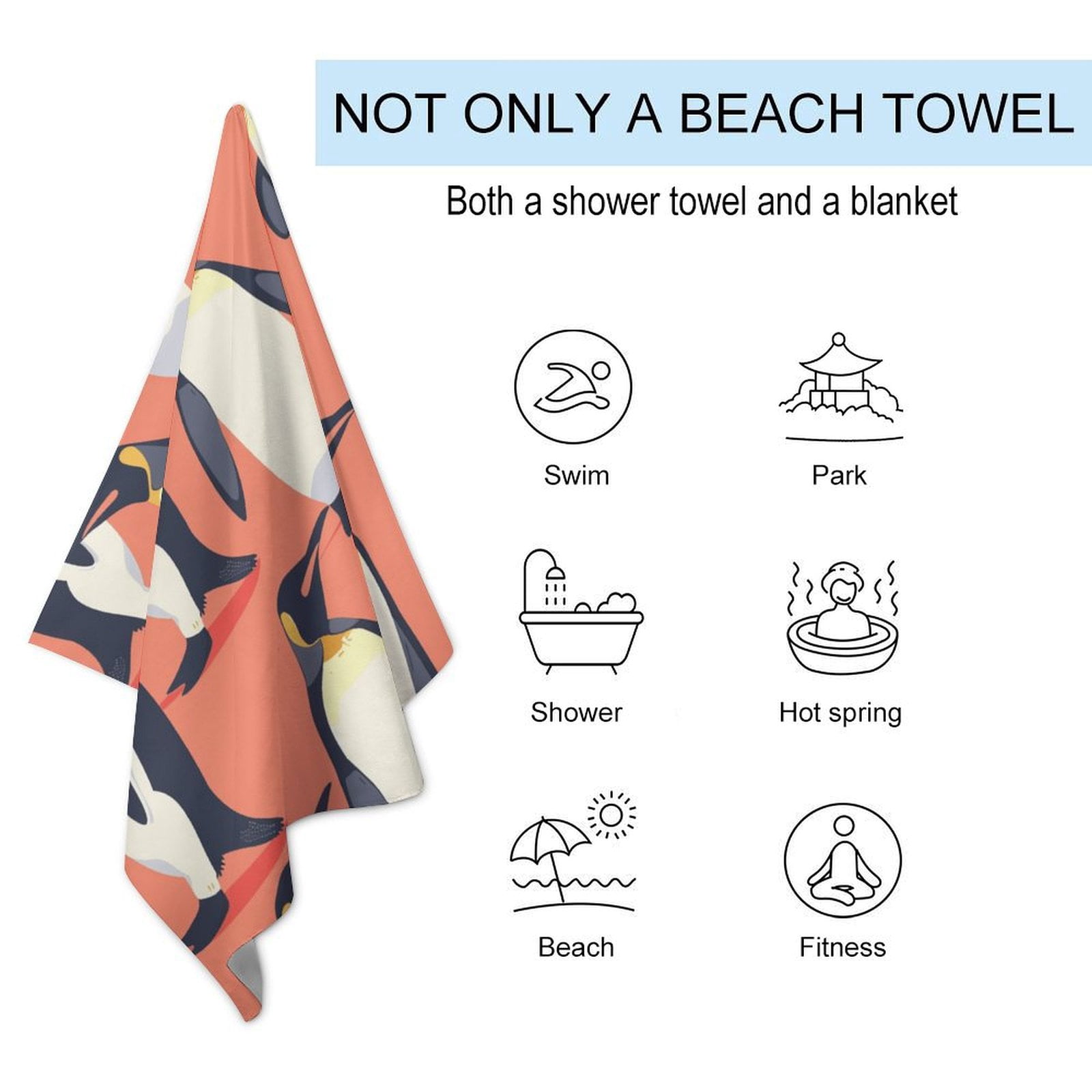 Cute Penguin Beach Towel – with A Unique Design, Extra Large,XL (32”x 63”) for Kids & Adults