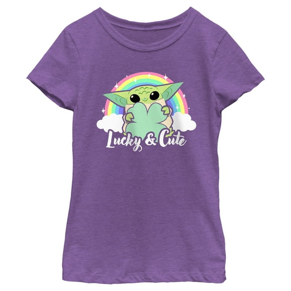 Girl's Star Wars: The Mandalorian Grogu St. Patrick's Day Rainbow Lucky and Cute  Graphic Tee Purple Berry X Small
