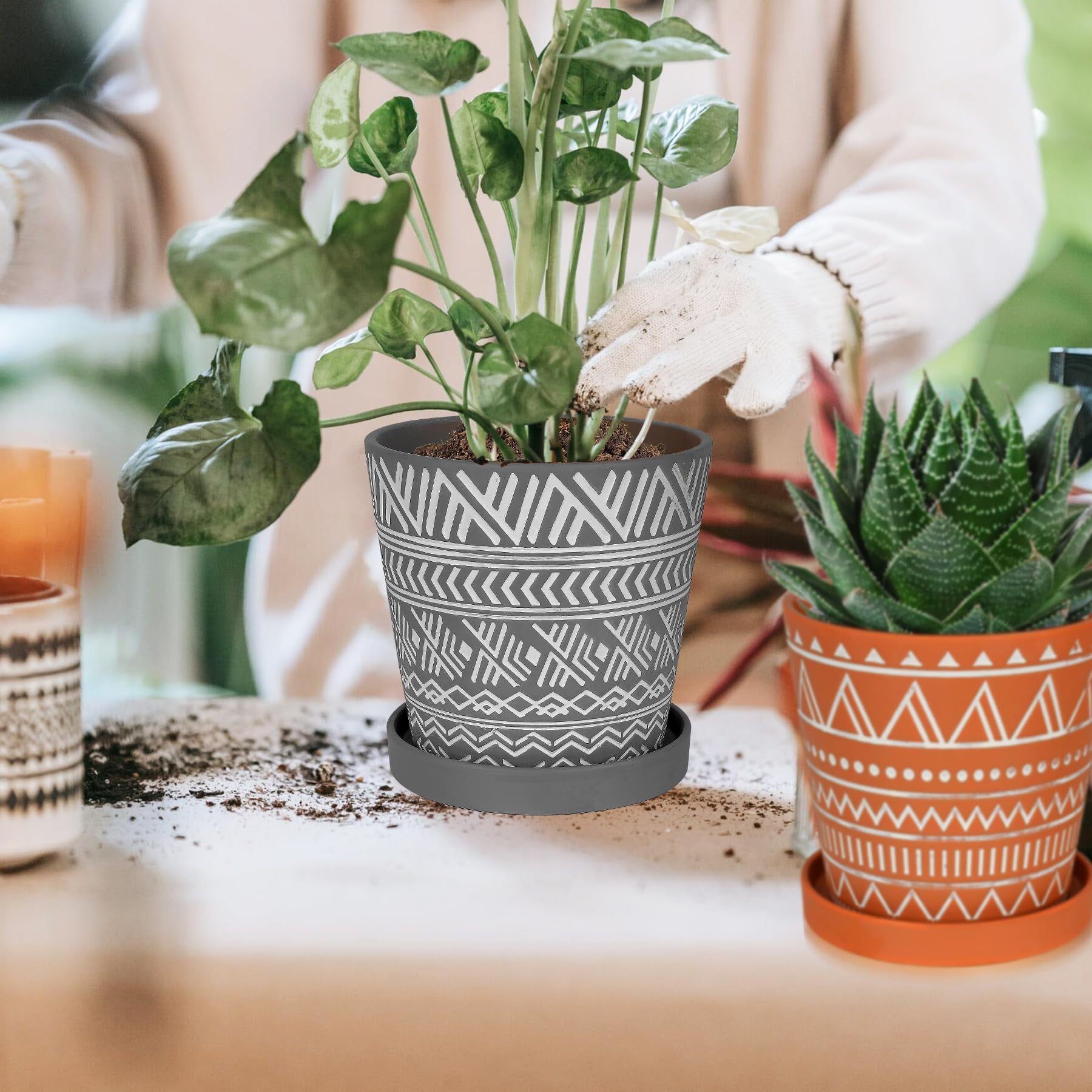 BUYMAX 6 inch Terracotta Pots with Drainage Hole & Saucer, Modern Geometric Planter Set of 2 in Cement Gray - Boho Indoor Outdoor Flower Pots
