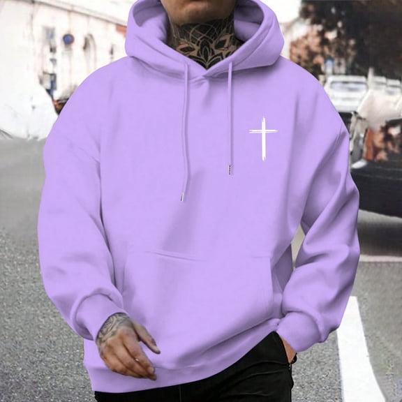 FAOWME Men's Hoodies With Pocket Long Sleeve Letter Print Drawstring Comfortable Breathable Sweatshirt For Casual Daily Wear Purple Xxl