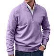 thumbnail image 2 of Mens Zip Sweater Stand Collar Solid Color Long Sleeve Knit Pullover Fall Winter Soft Ribbed Hem Casual Knit Jumper Tops Purple Pink 3XL, 2 of 5