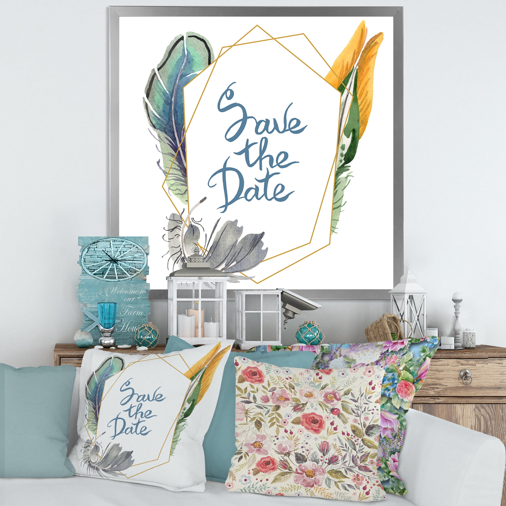 Designart 'Save The Date Bird Blue Feather' Bohemian & Eclectic Framed Art Print