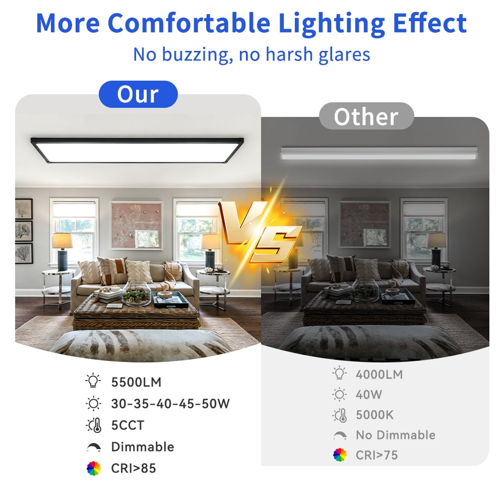 2 Pack 1x4 LED Flat Panel Light – 5500LM Ultra-Bright, Dimmable 30-50W, 3000K-6500K Adjustable, 0-10V Dimming, Slim Surface Mount Ceiling Light for Office, Home, Garage