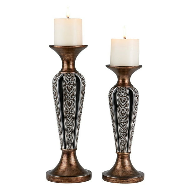 12 and 14 Tall Polyresin Everly Candleholder, Bronze and Chrome finish ( Set of 2) 