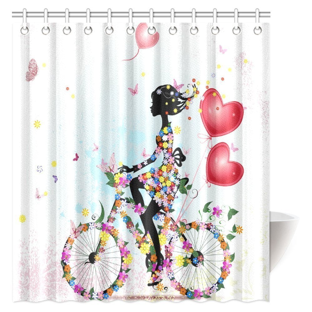 Beautiful Colorful Bike Decor Bathroom Shower Curtain Set Fabric 12 Hook 71" 
