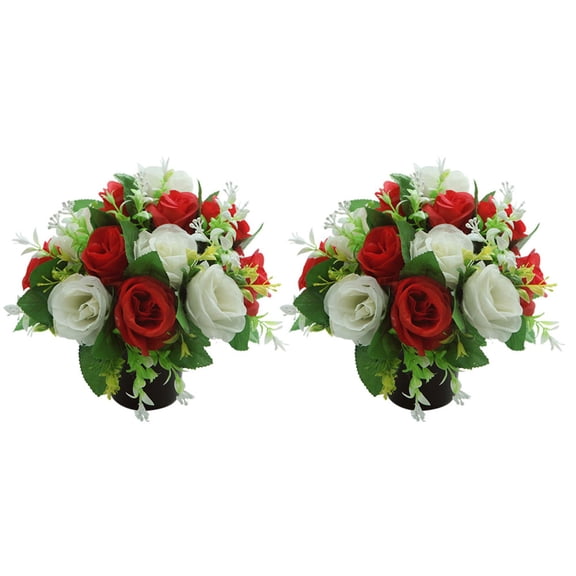 Artificial Cemetery Flowers - 2PCS Memorial Rose Bouquets with Vase - Silk Grave Flowers for Headstones - Outdoor UV Resistant Grave Decorations - Red Rose Arrangements