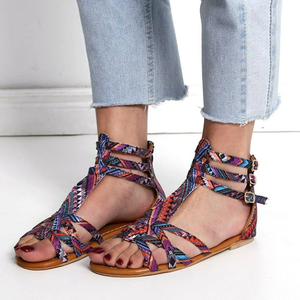 Floral flat ankle strap peep toe casual gladiator sandals best sale