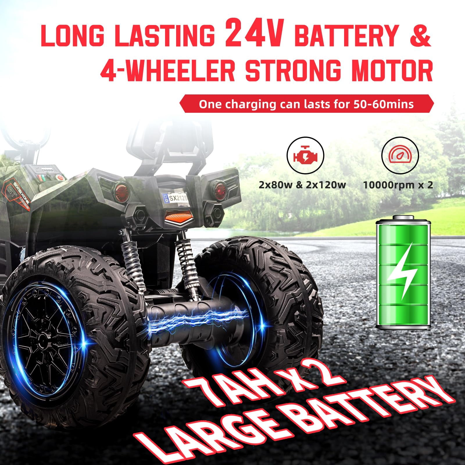 TROPOW Electric Ride On Cars with Remote Control,24V Two-Seater Kids ATV – 4x4 Electric 4-Wheeler Quad Ride-On Car Toy with 4x200W Motors, LED Lights, EVA Tires, Music, and Horn,