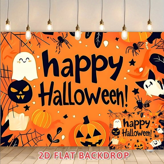Happy Halloween Backdrop, Orange Pumpkin Ghost Spider Themed Photography Background, Perfect for Halloween Party Decorations Indoor Outdoor Wall Decor, Holiday Celebration Photo Booth Props