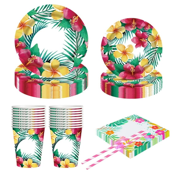 Crusward Hawaiian Party Supplies, Hawaiian Tropical Flowers Tableware Set With Aloha Paper Plates Napkins Cups Tablecloth For Hawaii Luau Beach Summer Party Decorations