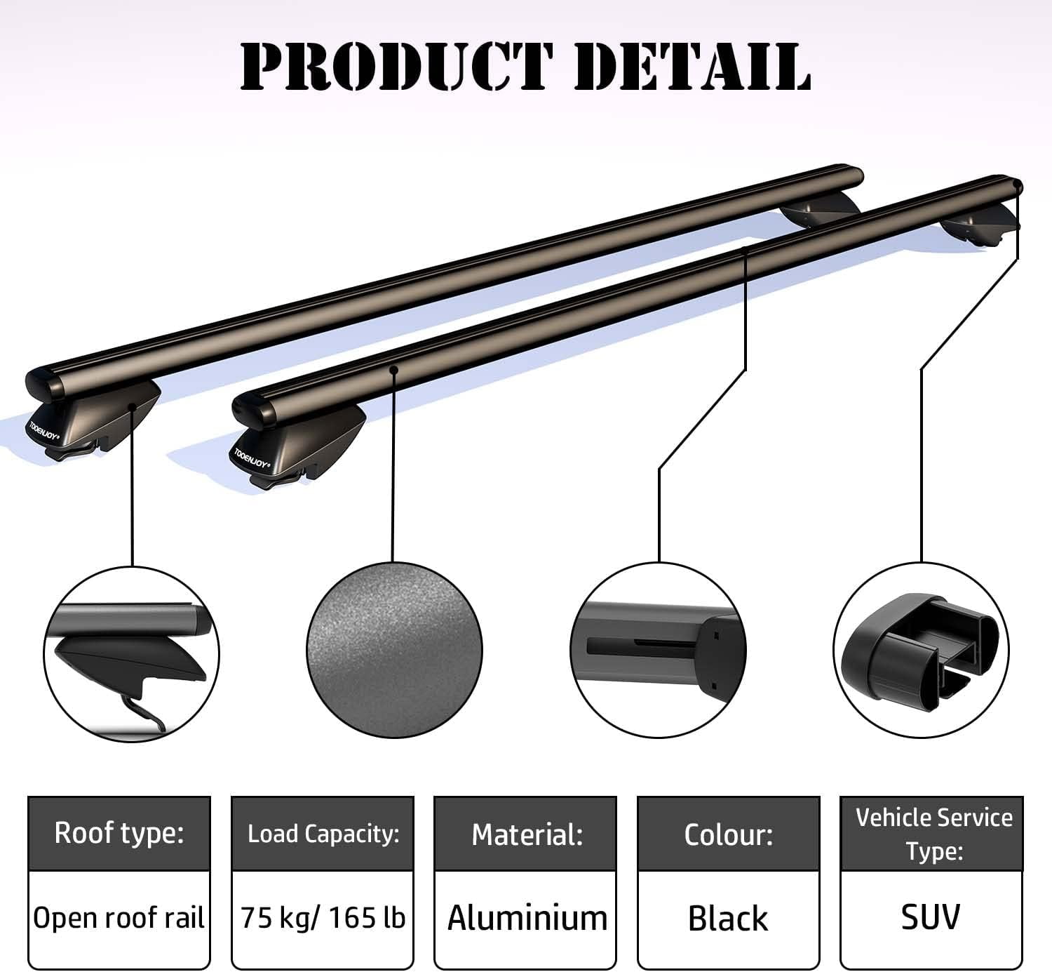 47 Inch Aluminum Roof Rack Cross Bars for Raised Side Rails, Adjustable Cargo Bars, Hold 165 LBS, Black