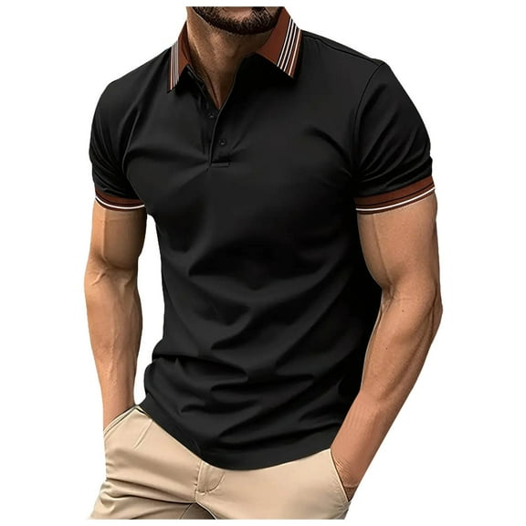 JTieacloth Button Down Collar T Shirt Men's Casual Ribbed Lapel Button Business Color Block T Shirt For Men Black L