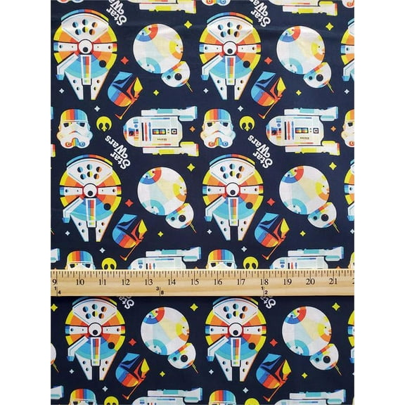 100% Cotton Fabric Star Wars, The Mandalorian+ R2D2- Rainbow Colors Print/ SBY