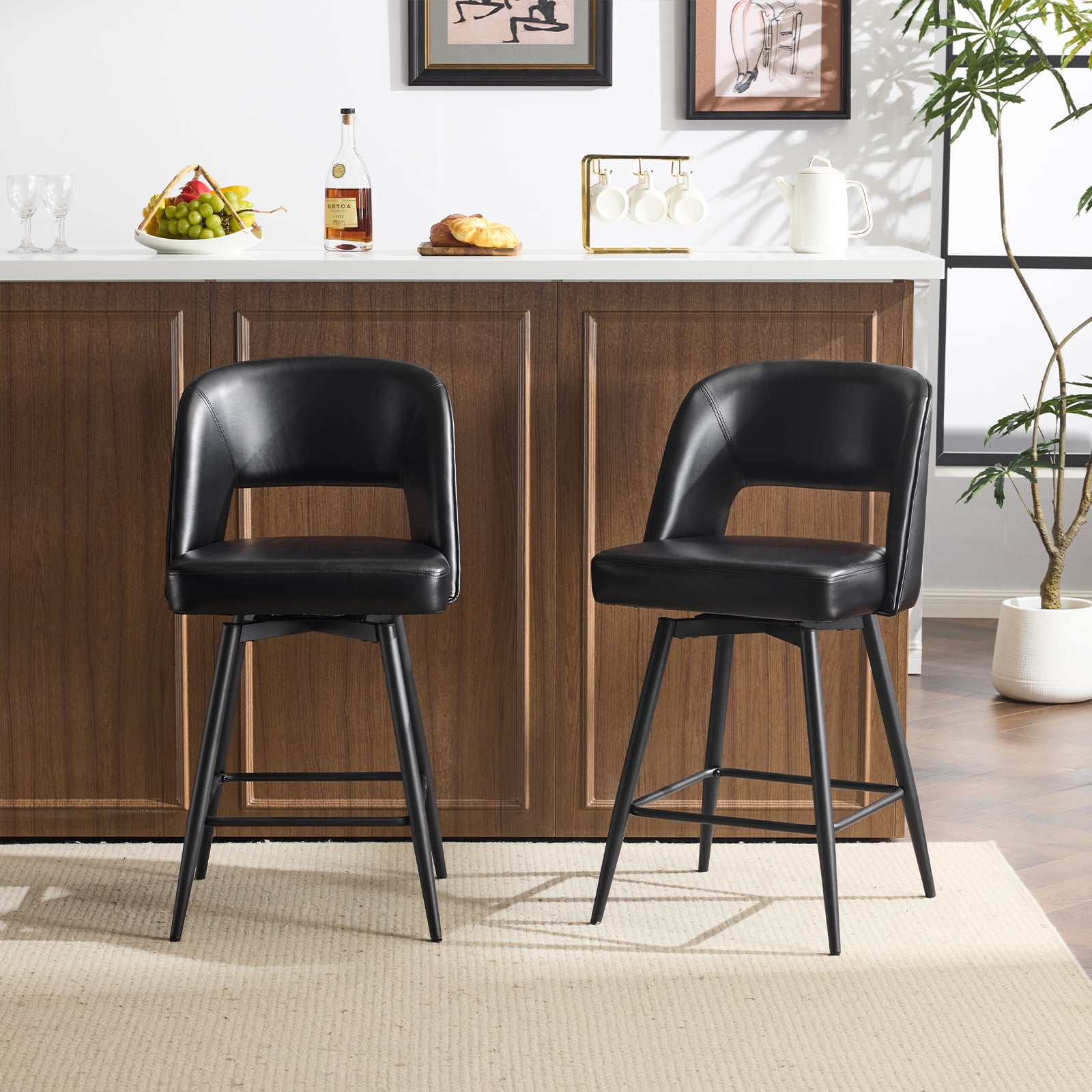 Ktaxon Swivel Barstools 2 Set, Counter Height Chairs 26in Padded Bar Height Upholstered Stools, Black
