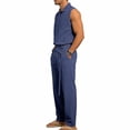 thumbnail image 6 of Ceisia Men Lapel Sleeveless Button Down Shirt and Belted Straight Leg Pants 2 Piece Linen Outfit Navy M Gift, 6 of 8
