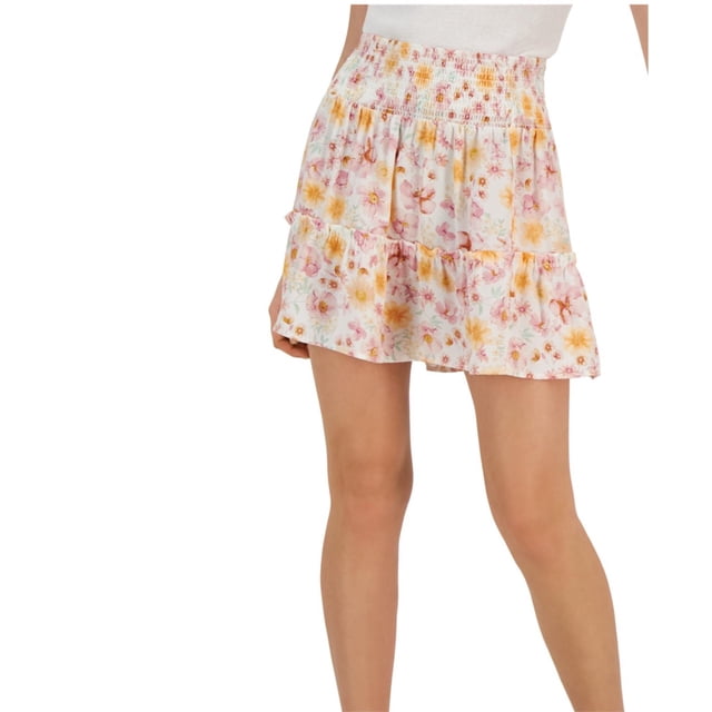 Hippie Rose Womens Floral Print Tiered Skirt, white, Juniors, XS