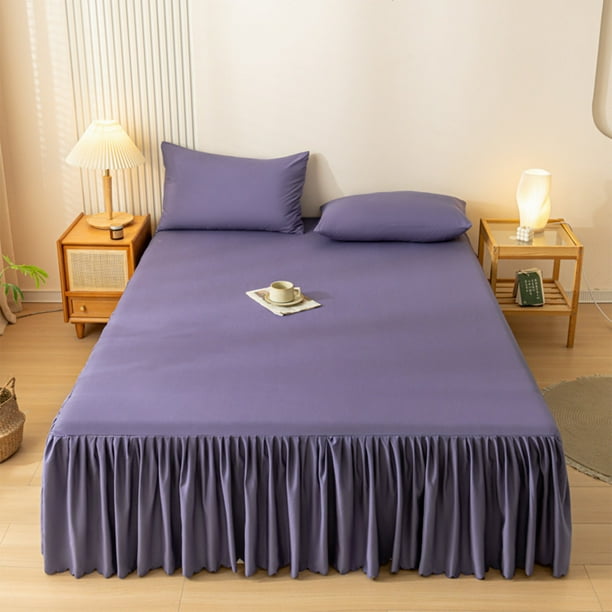 Falda de Cama Color Sólido 150x200cm | Mezcla de Algodón Lavado y Poliéster, Borde con Volados, Elástico Antideslizante, Cubrecolchón Protector Antimanchas | Amarillo Blanco Caqui Púrpura Rosa