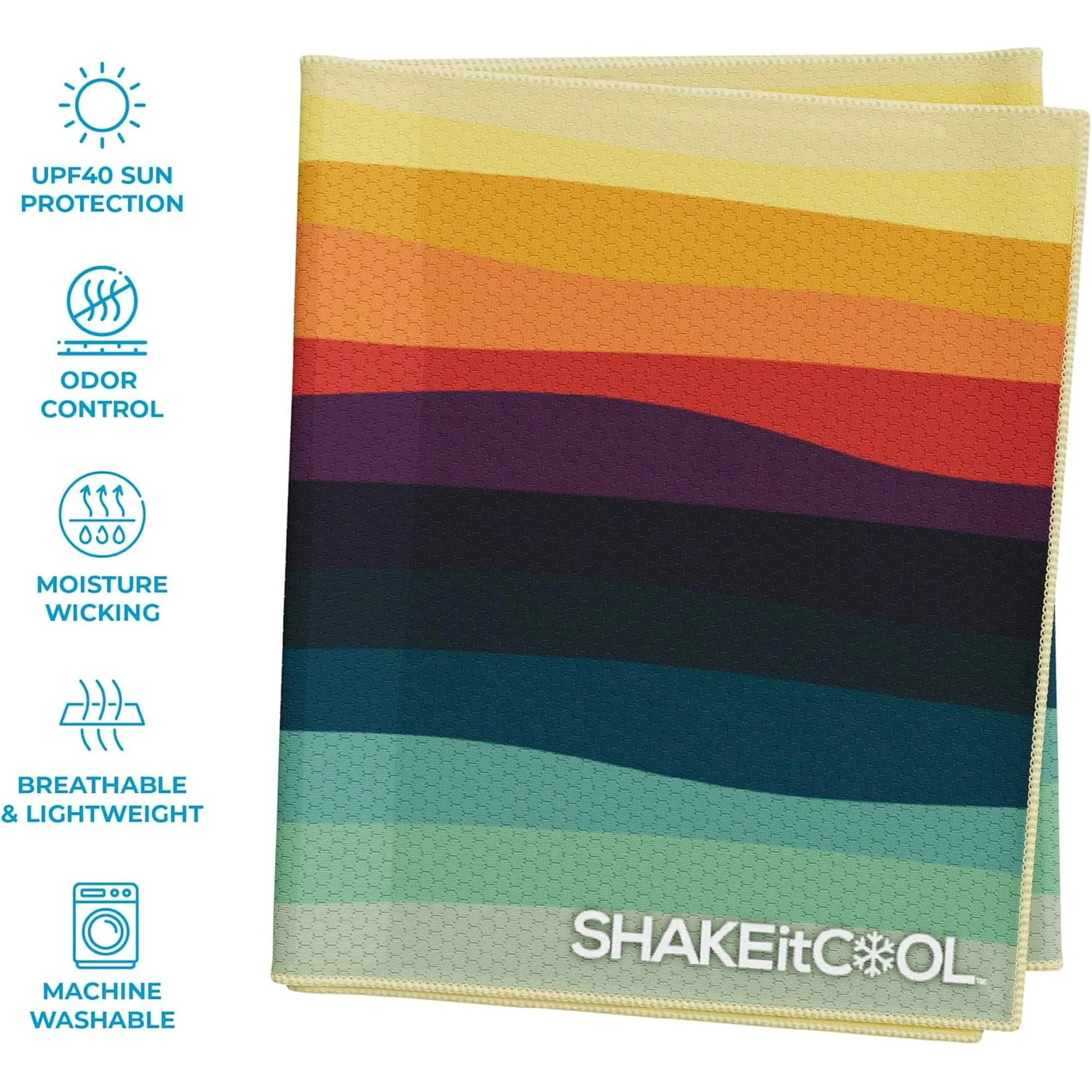 SHAKEitCOOL Extended Size Cooling Towel – Be Cool in Style - Heat Relief, Soft, Lightweight, Sun Protection, Easy Clean - Perfect for Biking, Hiking, Running, Yoga, Golf, Gardening - Sunset Wave M