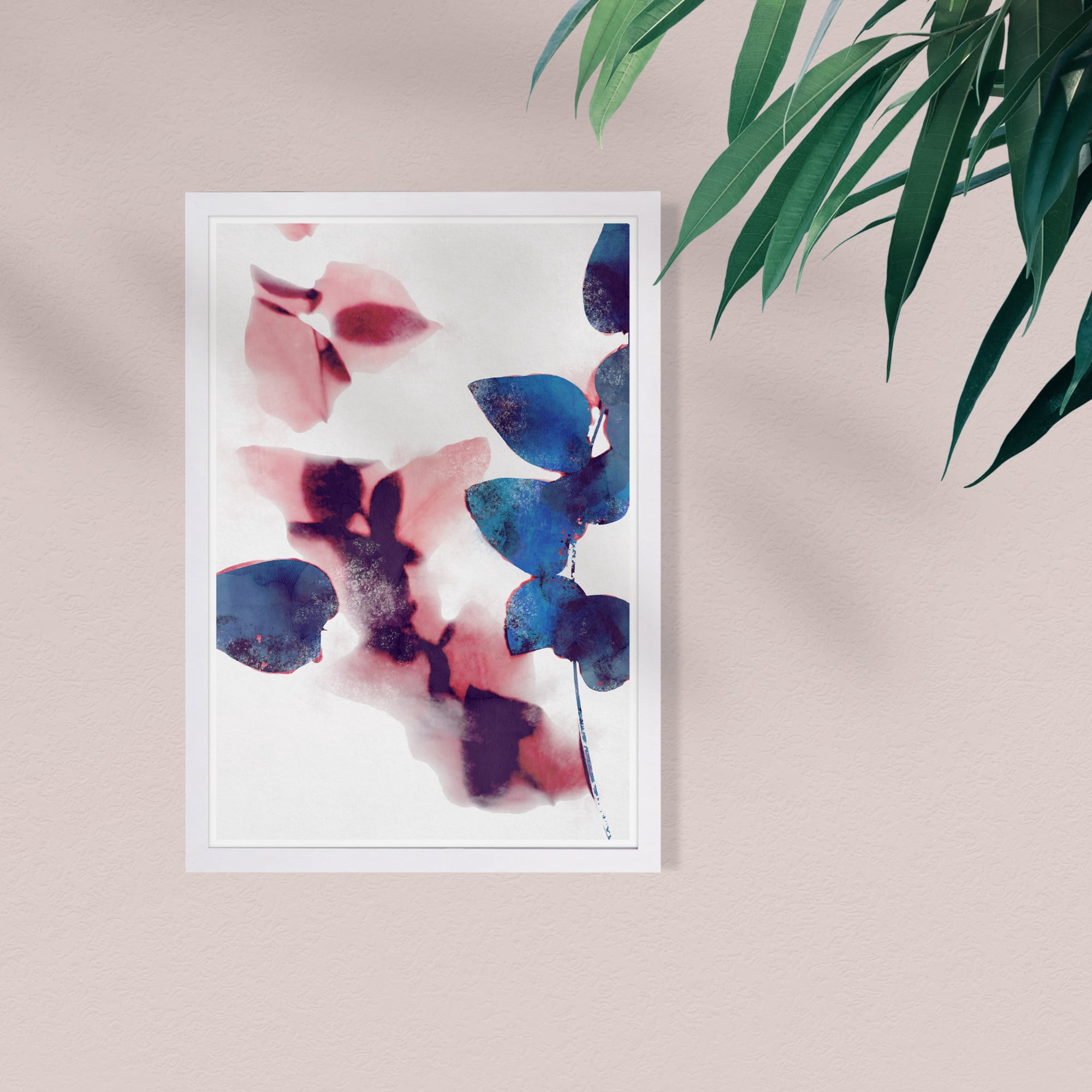 Wynwood Studio 'Like Cyanotype Leaves' Abstract Framed Wall Art Print - Blue, Pink
