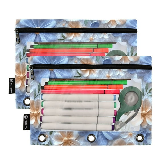 2 Pack Pencil Pouch for 3 Ring Binder Smooth Zipper Folders with Pockets Clear Window Pencil Case White Blue 3d Flower