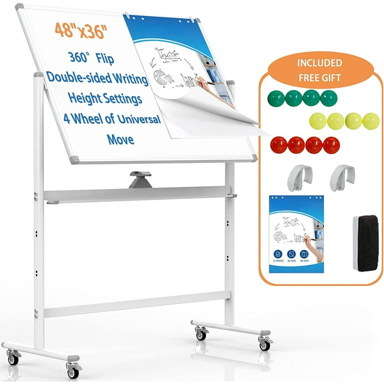 Mobile Whiteboard 48x36 inch Large 360° Rolling Adjustable White Board  Easel with Stand on Wheels Locking Double Sided Magnetic for Home Office  School 15 Page FlipChart Pad Holder Mar 