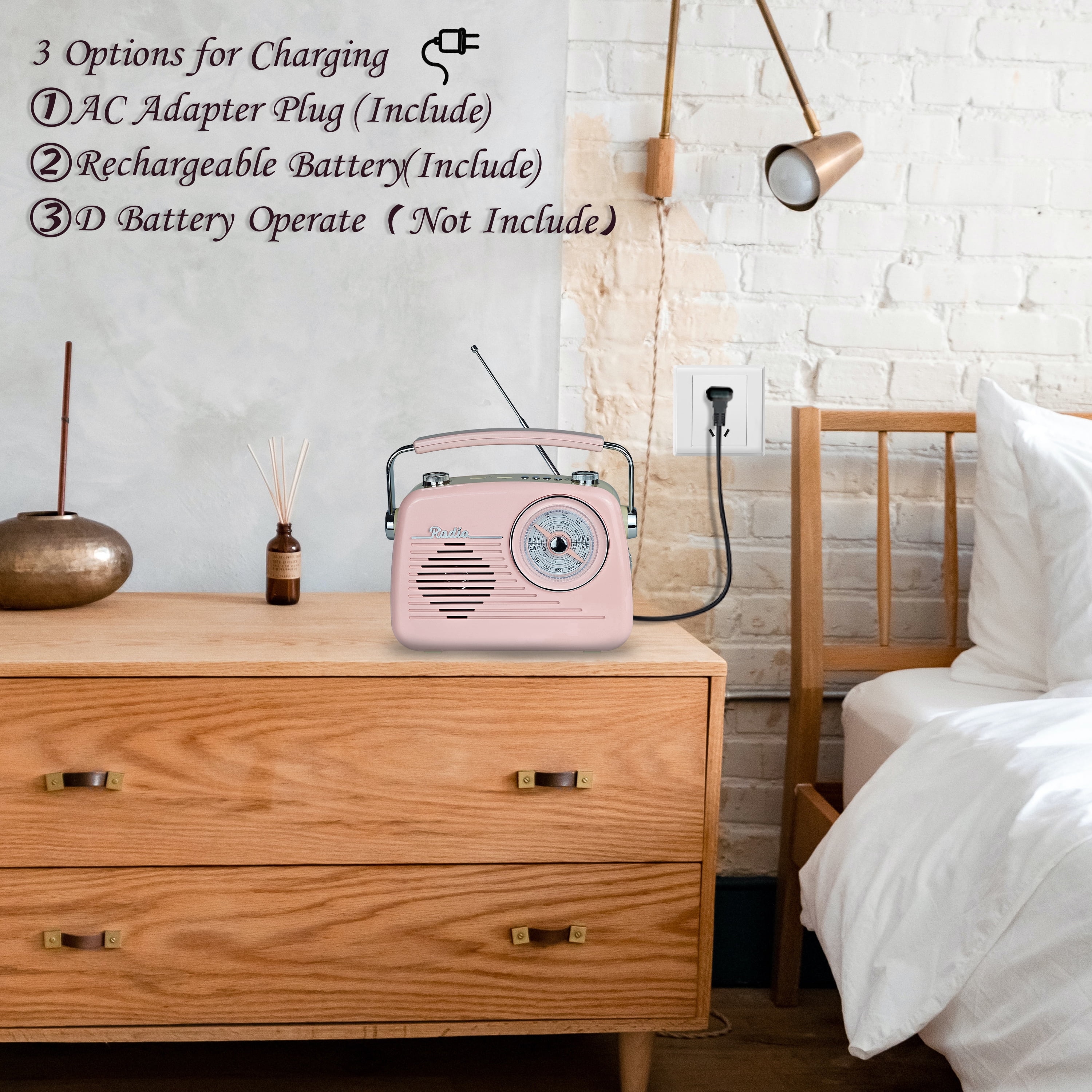 Portable Radio AM FM Shortwave Vintage Radio, Great Reception Receiver Bluetooth Speaker Plug in Wall, Support USB Drive/TF Card, Good Sound for Family or Friend for Home/Outdoors/Kitchen (Pink)