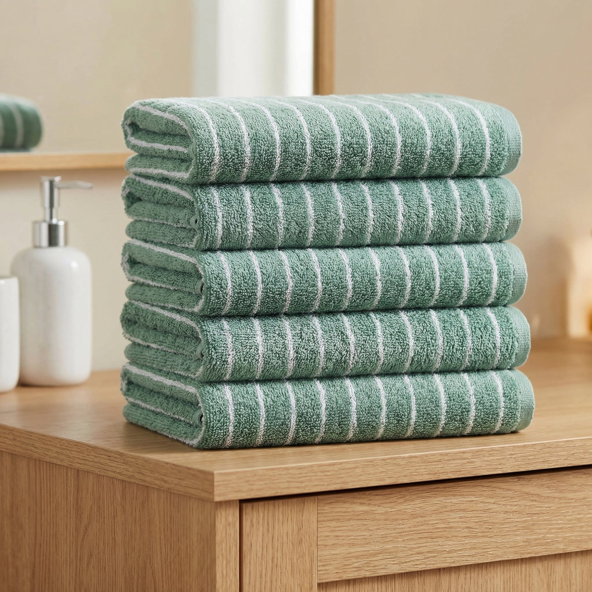 Unique Bargains Cotton Striped Washcloths Soft Absorbent Face Cloths Green 6pk