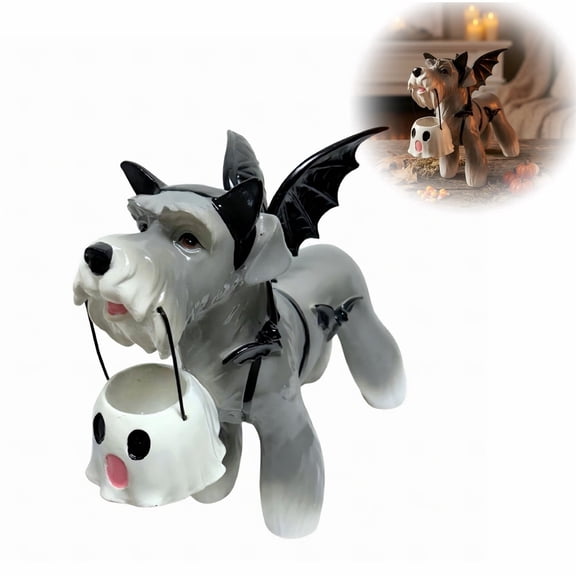 Halloween Bats Schnauzer Ghost Bucket, 10" Resin Schnauzer Bat Figurine with Ghost Bucket, Cute Spooky Statue for Home Mantel Shelf Halloween Decoration,1 PCS