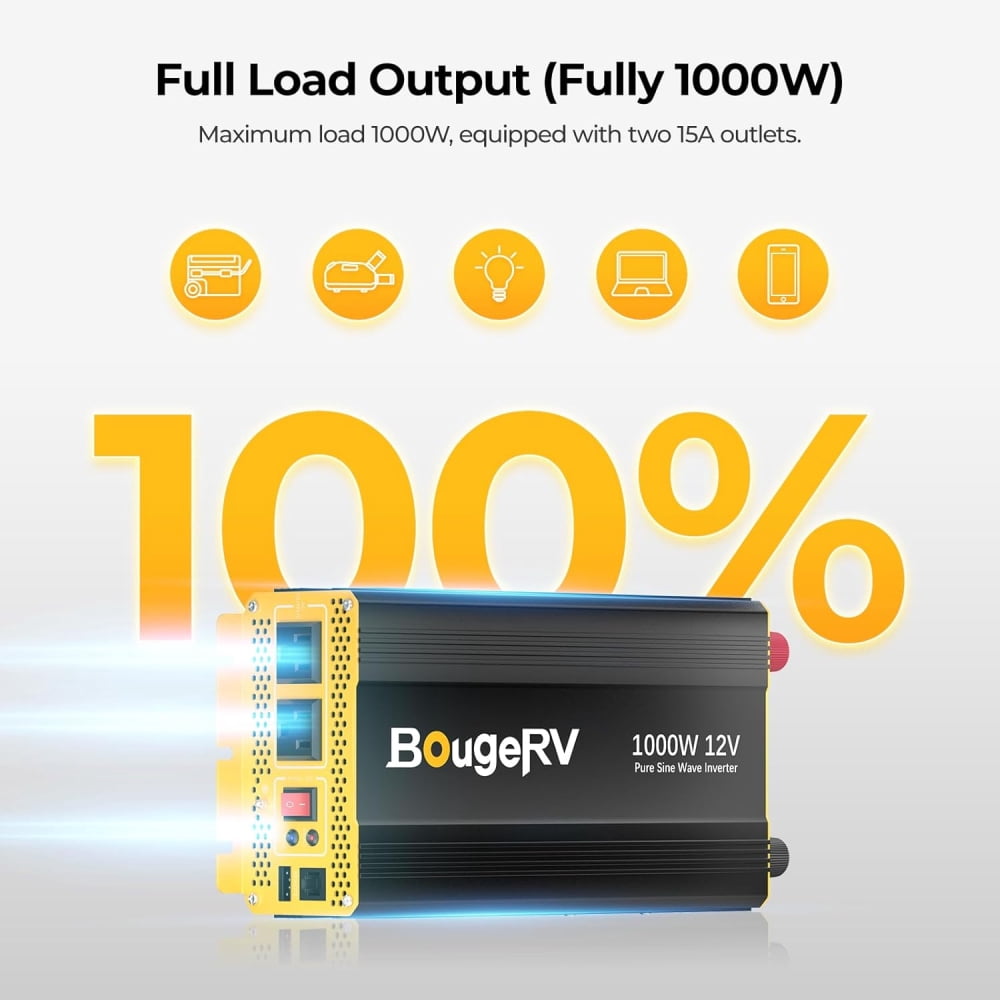 BougeRV 1000W Pure Sine Wave Power Inverter, DC 12V to AC 110V Car Converter, Built-in Bluetooth for Home, Off-Grid Solar Power System, RV, Travel, Camping