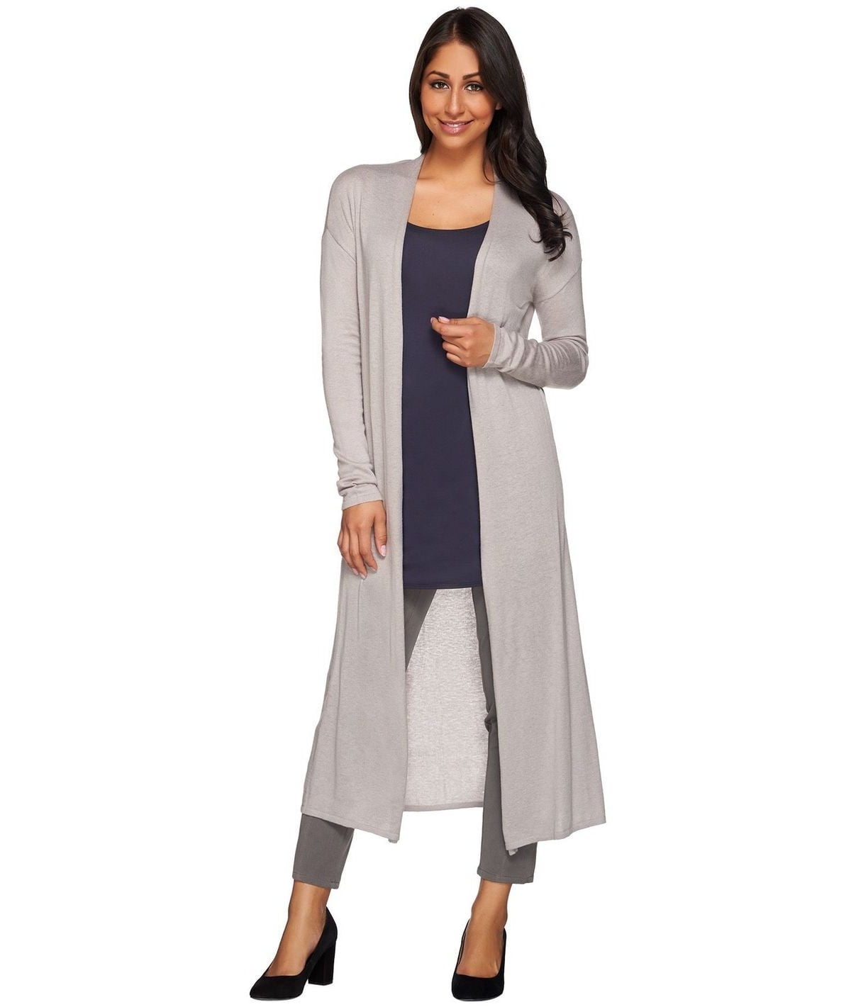 Halston Petite Open Front Long Slv Maxi 