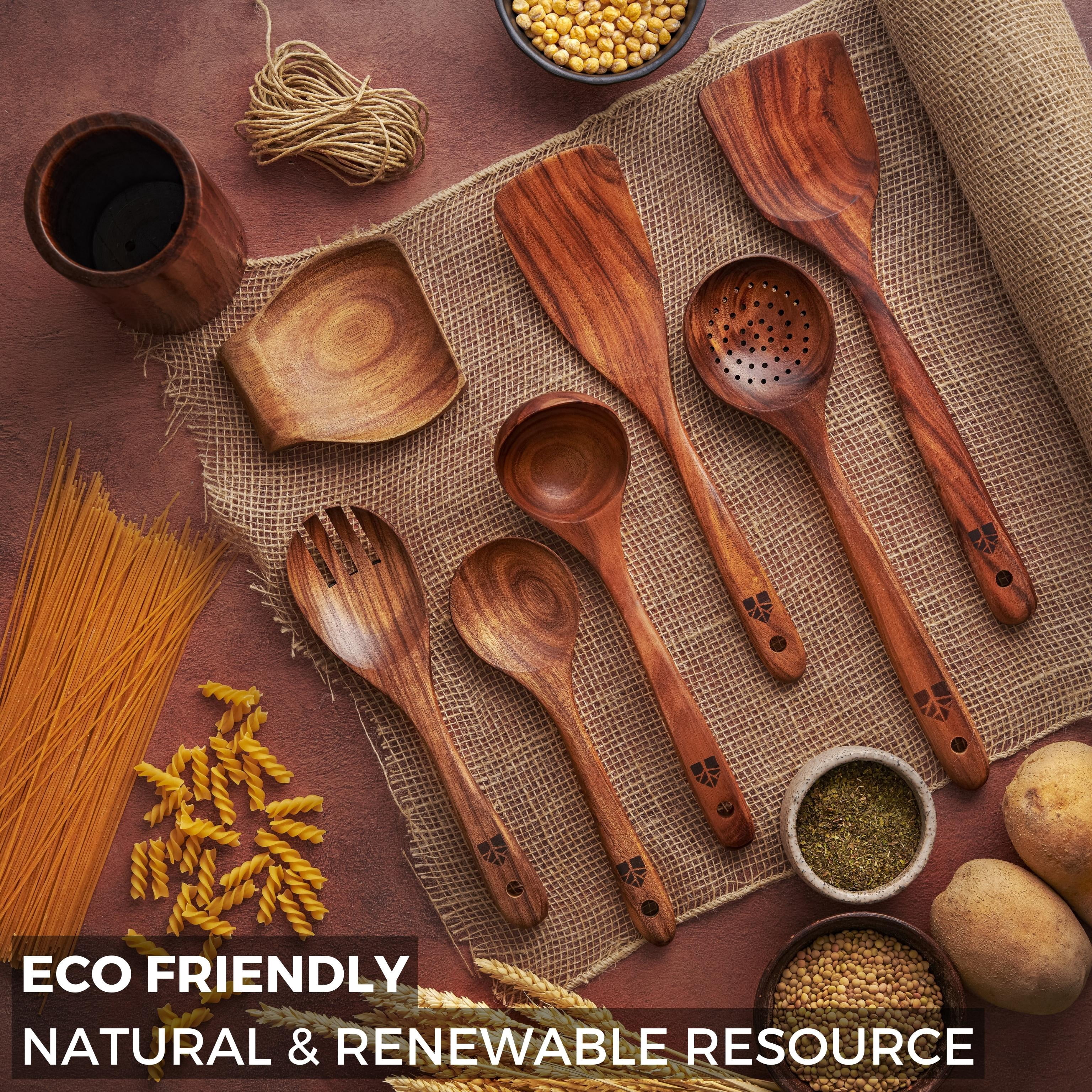 Wooden Utensils for Cooking, 8 piece Set with Holder, Perfect for Nonstick