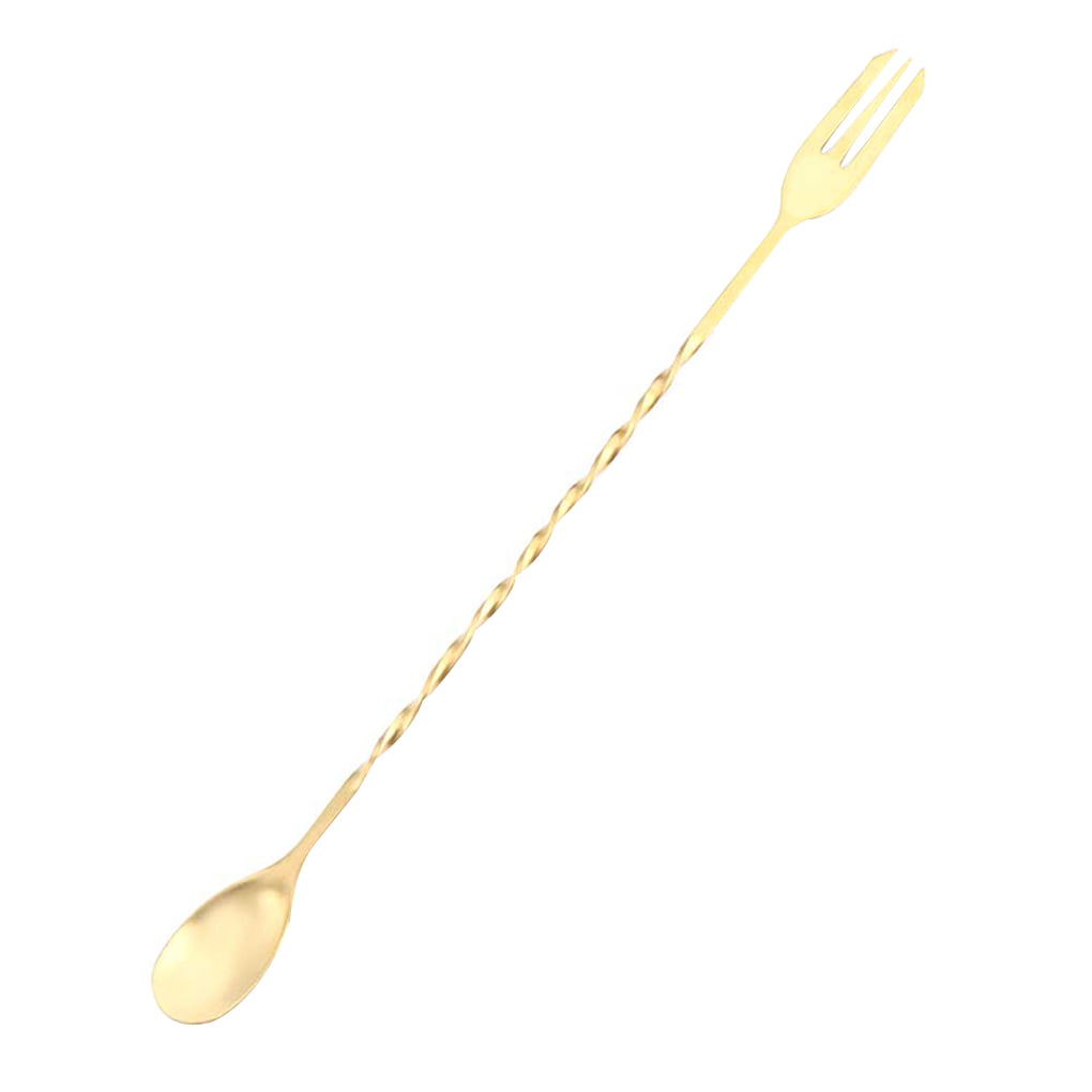 Laileya Stainless Steel Mixing Spoon Fruit Fork Spiral Pattern Cocktail Bar Spoon Drink Shaker Gold 
