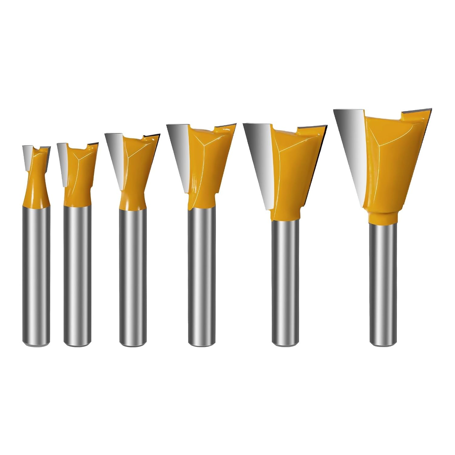 ABPETE 6PCS Dovetail Router Bit Set 1/4 Inch Shank, 1/4" 3/8" 1/2" 5/8" 3/4" 7/8'' Dia Carbide Router Bits for Woodworking, Wood Milling Cutter Tool for Making Boxes Drawers Chests, Fine Casework