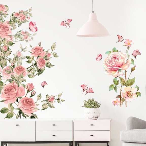 Peony Rose Wall Decals Pink Flower Wall Stickers Floral Butterfly Wall Art Decor for Living Room Bedroom Sofa TV Wall Decor