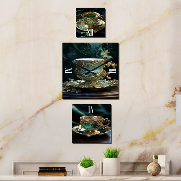 Designart "Elegance of Sophisticated Tea Elixir" Drinkware Extra large Clock For Office Décor - Large Traditional Wall Clock - Oversized Green Wall Clock - Set Of 3