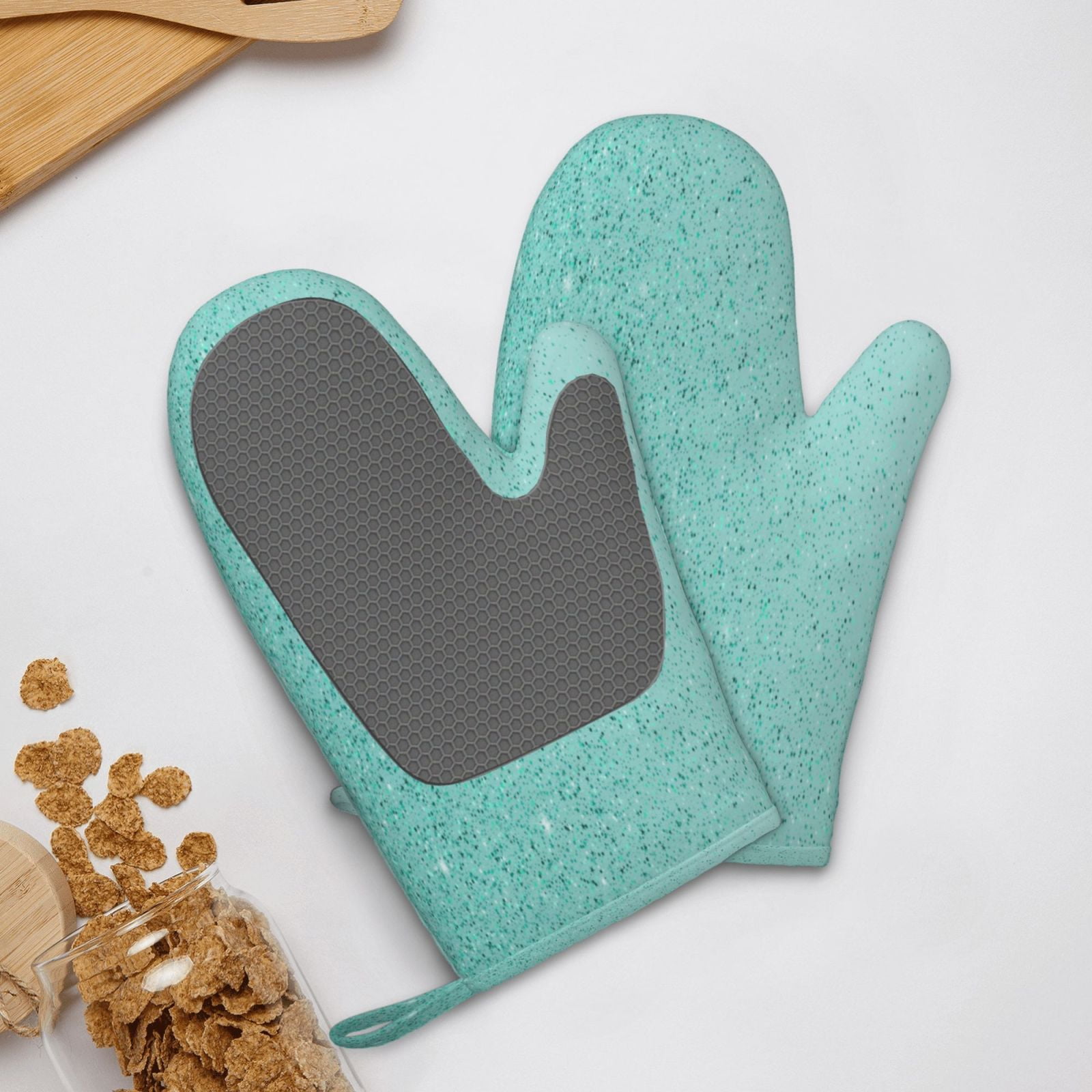 Hirioo Teal Turquoise Glitter for Silicone Oven Mitts for BBQ, Baking, Cooking, Set of 2, Heat Resistant 260℃, Non-Slip Kitchen Essentials