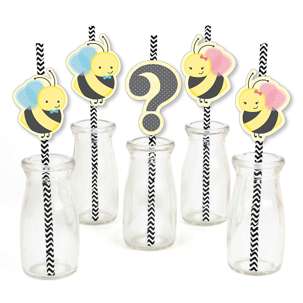 What Will It BEE? - Paper Straw Decor - Gender Reveal Striped Decorative Straws - Set of 24