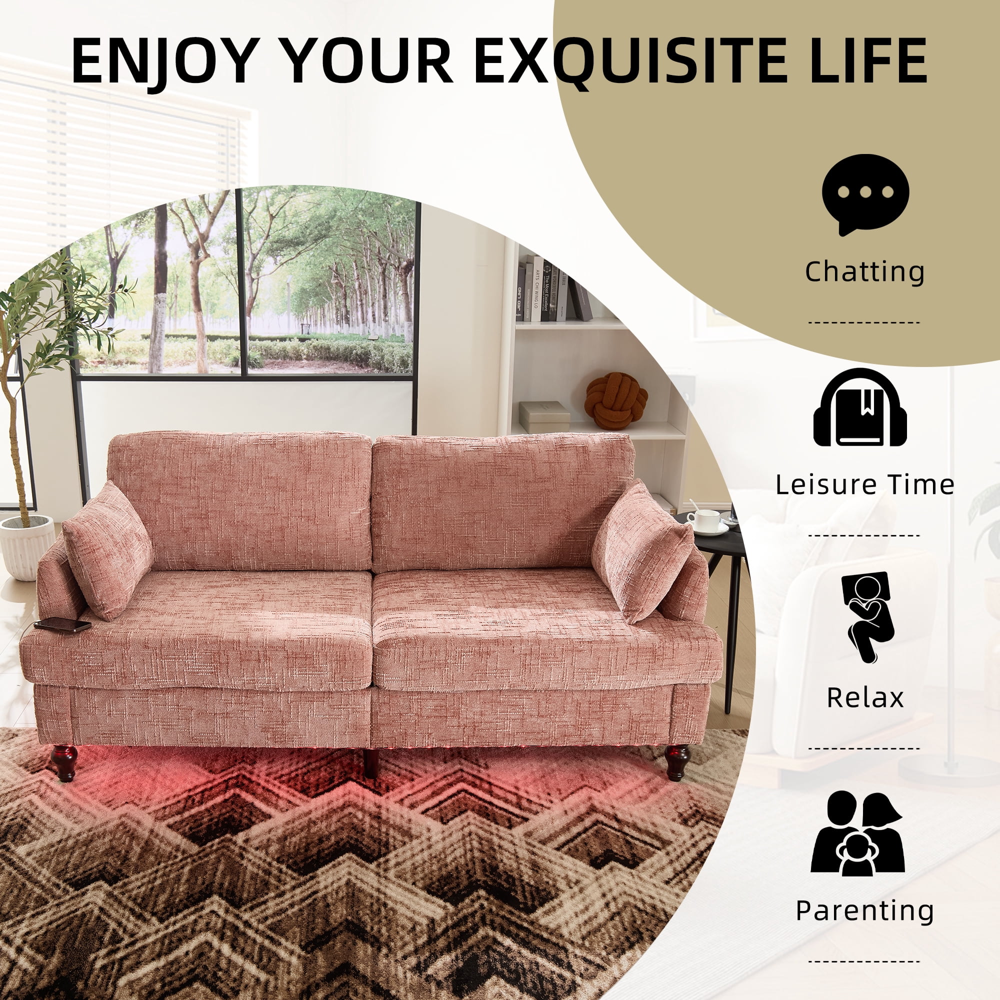 MOONMISS Chenille Upholstered Mid Century Modern Wood Frame Loveseats Sofa with LED light,USB and Side Pocket-Pink