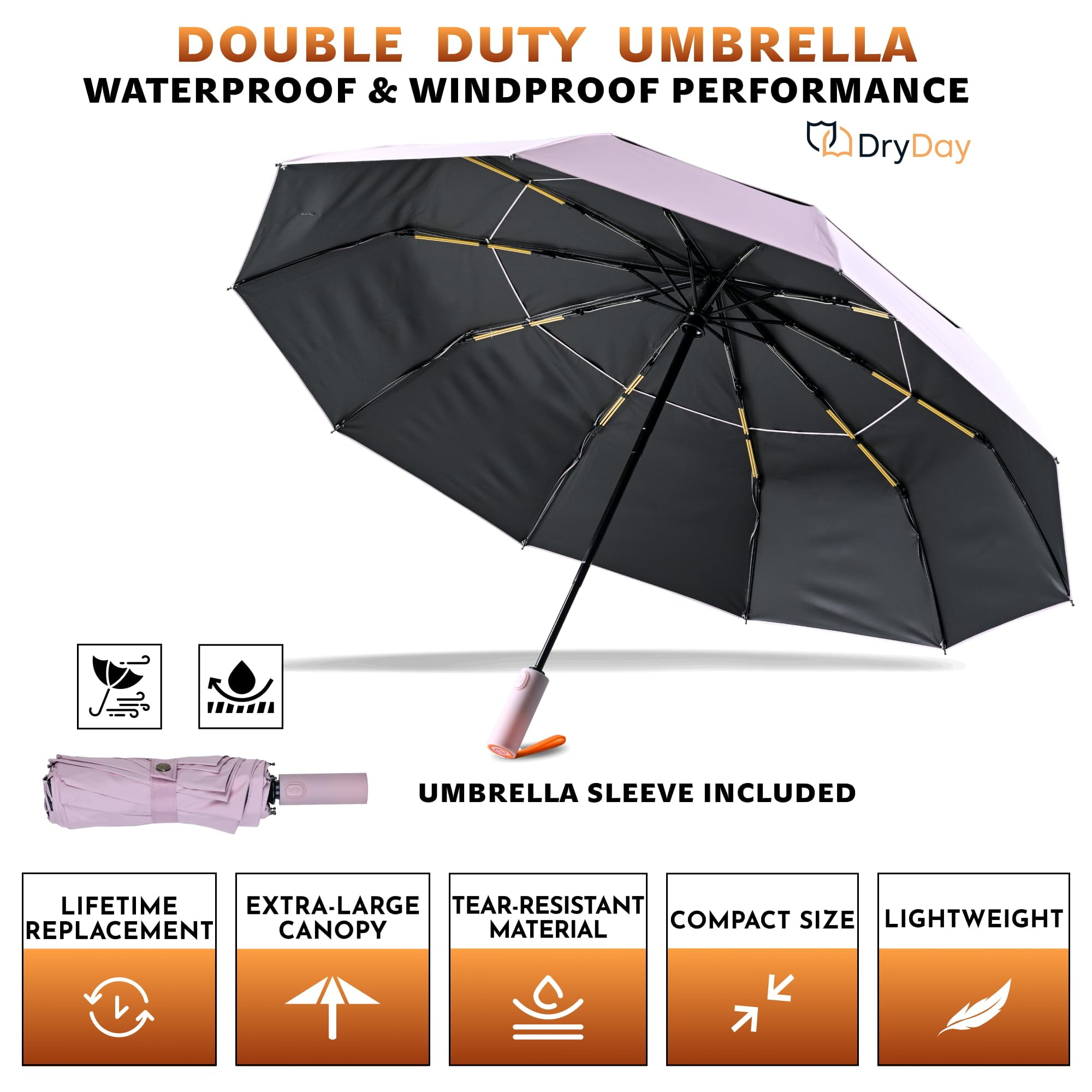 DryDay 43" Travel Umbrellas for Rain - Large Windproof Double Canopy Umbrella, 10 Durable Ribs, Strong Frame, Auto Open Close Ergonomic Handle, Compact Waterproof Umbrella for Women & Men, Pale Pink