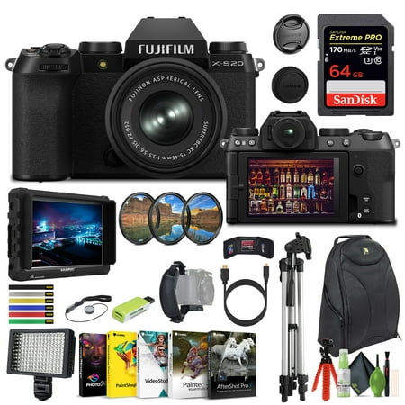 FUJIFILM X-S20 Mirrorless Camera With 15-45mm Lens + 64GB Memory Card + 4K Monitor + LED Light + Corel Photo & Video Editing Software + Backpack Bag + Tripod, Ideal Vlogging Camera Kit (16pc Bundle)
