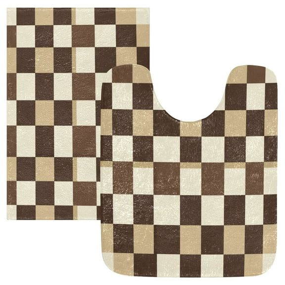 2 Piece Soft Bathroom Rug Set Chessboard Pattern Bath Mat and U-Shaped Toilet Contour Rug (16"x24" 20"x24")