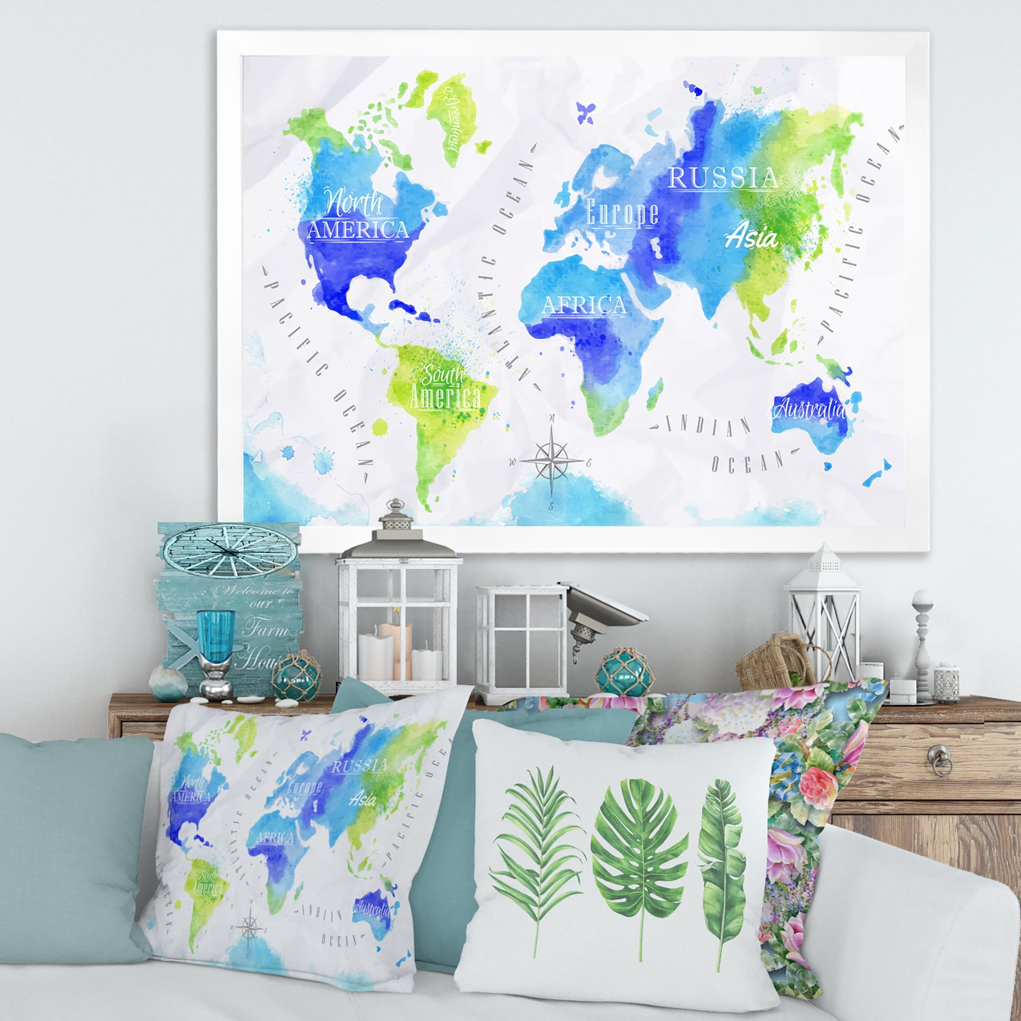 Designart 'World Map In Blue and Green' Modern Framed Art Print